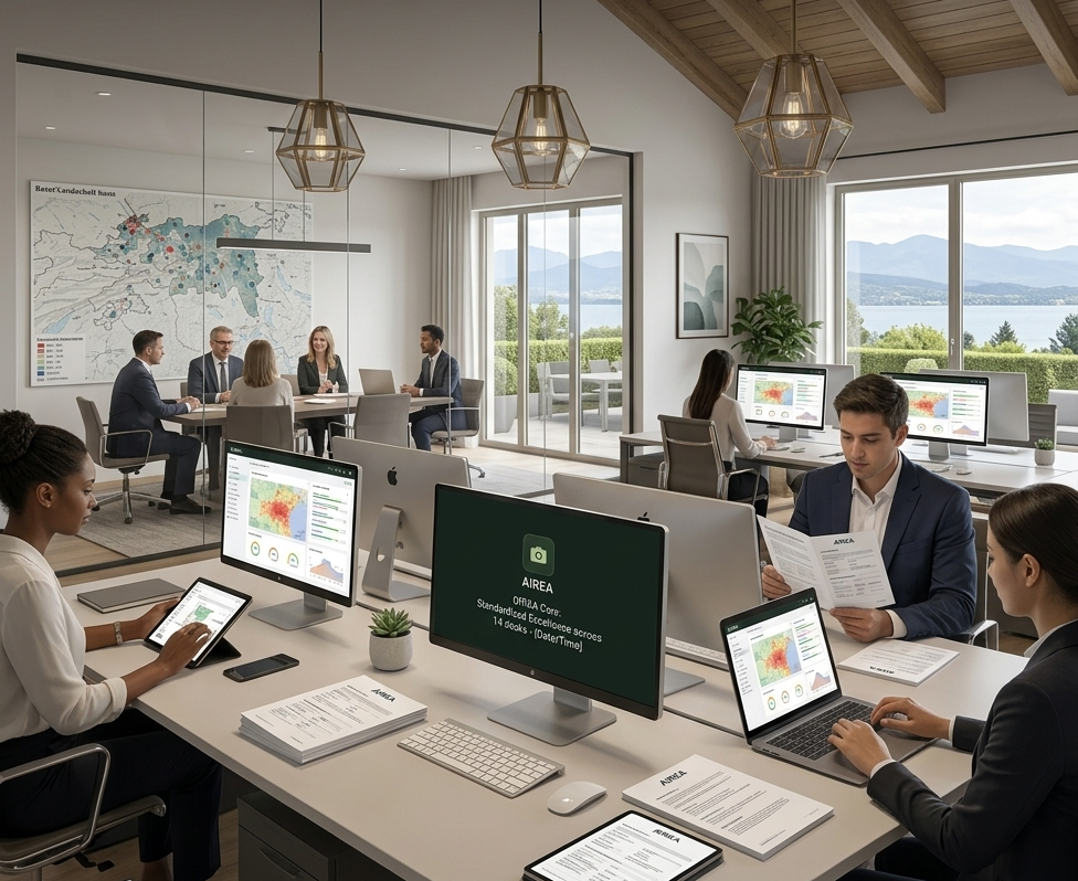 The Maklor team working in a lakeside Swiss brokerage office